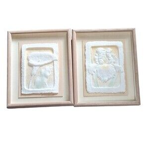 Hand cast paper flowers framed set of 2 Figi graphics signed vintage wall decore